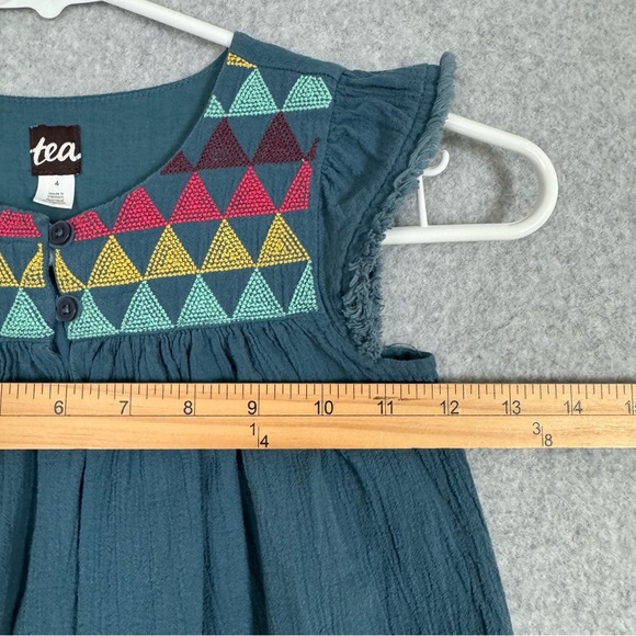 Tea Collection Dress Girl Size 4 Teal Blue Embroidered Flutter Sleeve Geometric - Picture 11 of 12